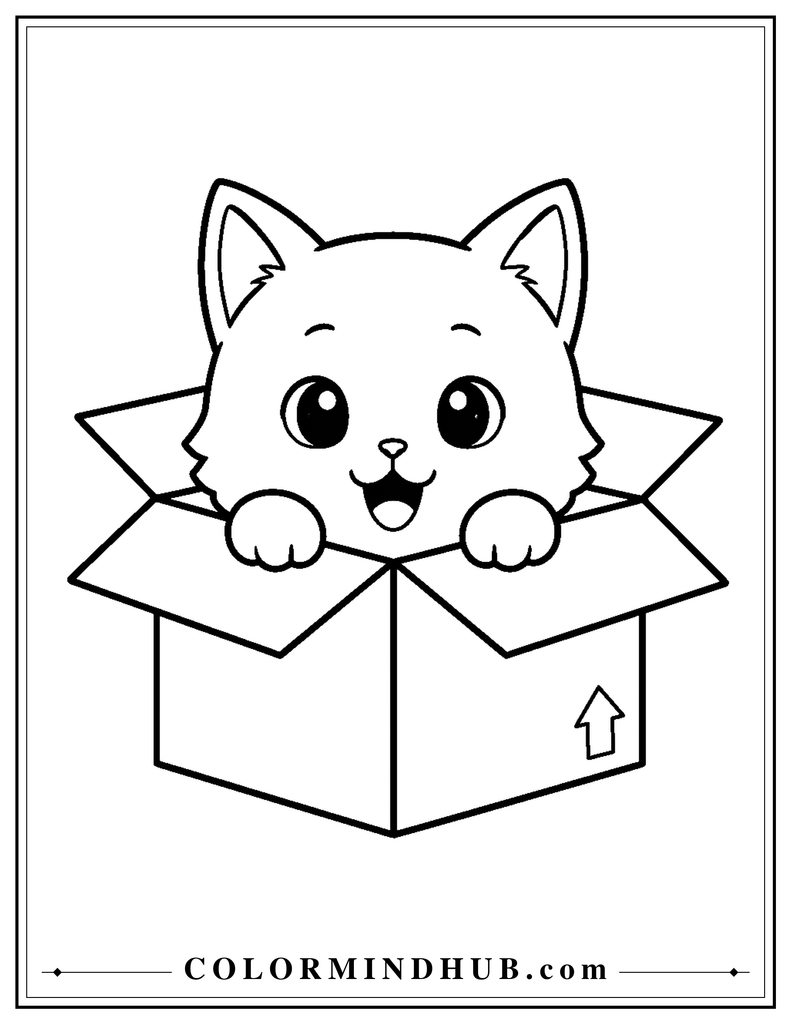 Cute kitten sitting inside a cardboard box coloring page
