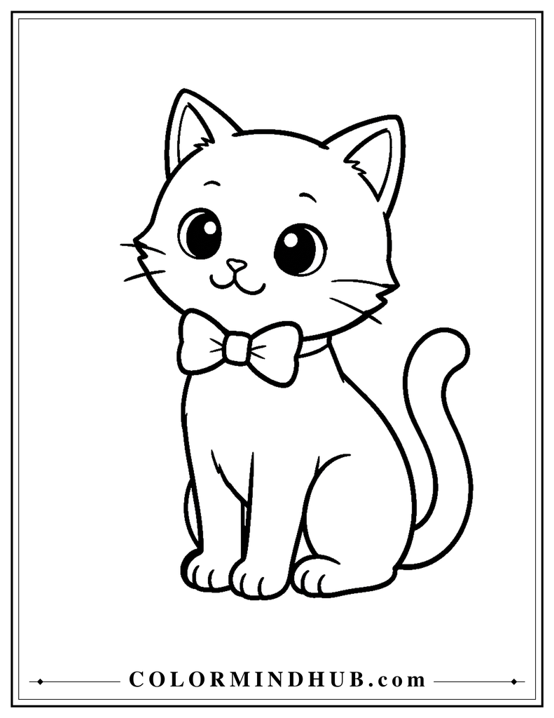 Cute cat wearing a bow coloring page printable for kids
