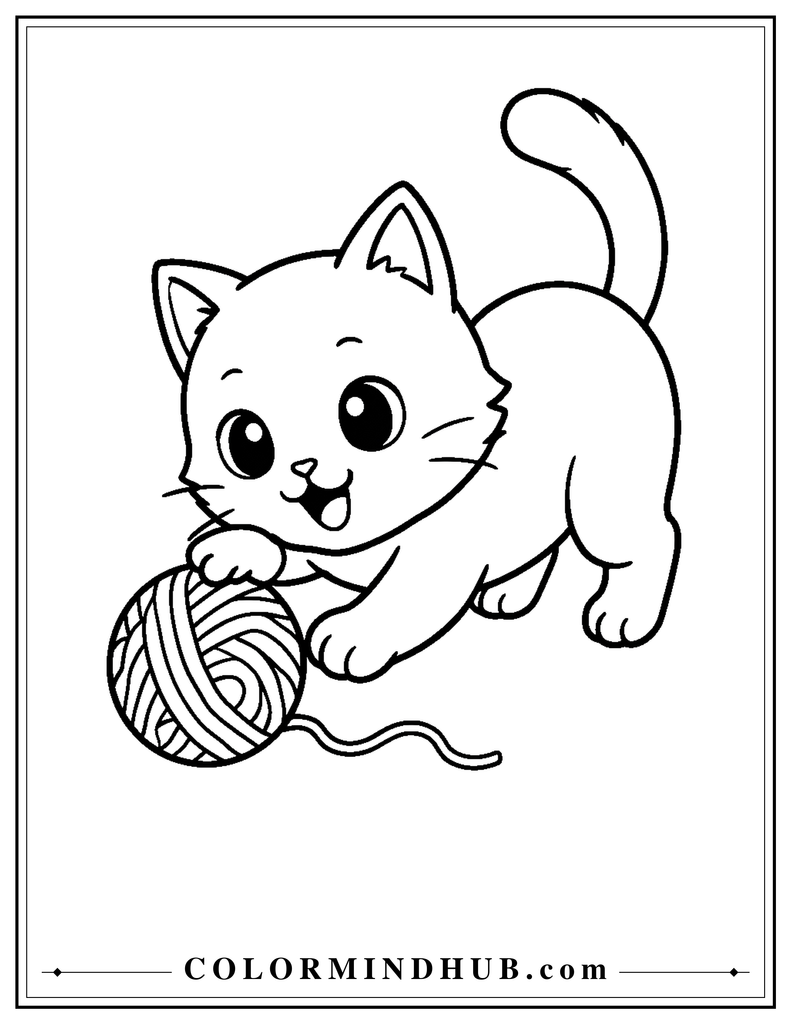 Cute playful cat playing with a yarn ball coloring page