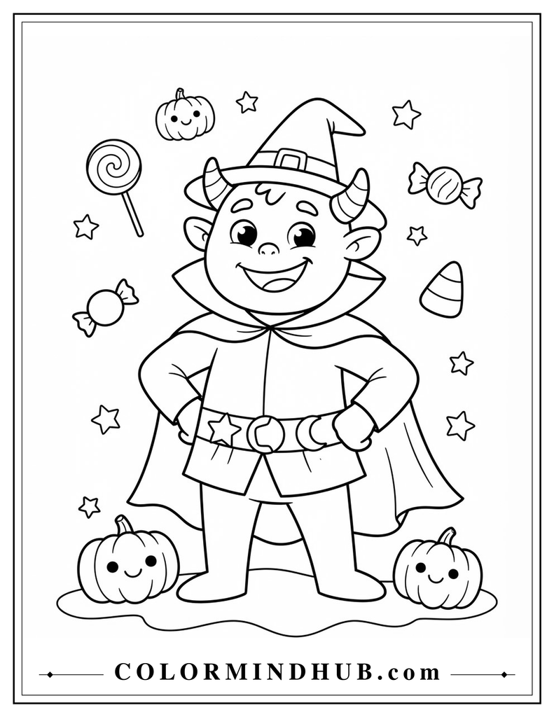 Halloween monster dressed in a Halloween costume coloring page