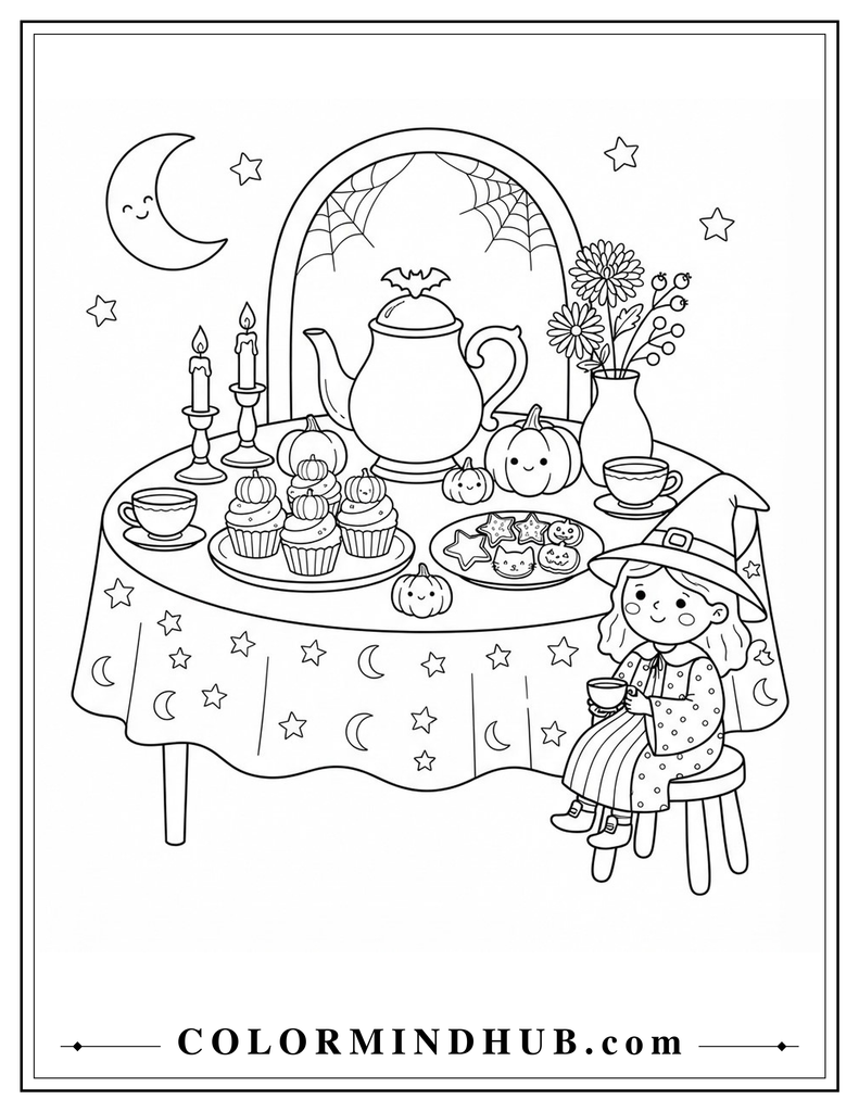 Halloween tea table with a teapot, teacups, cupcakes, pumpkins, and a friendly witch coloring page