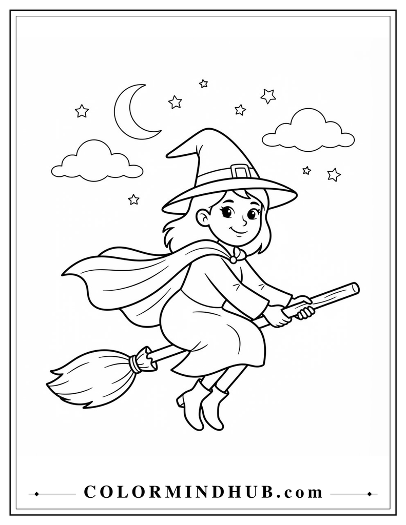 Halloween witch flying on a broomstick coloring page