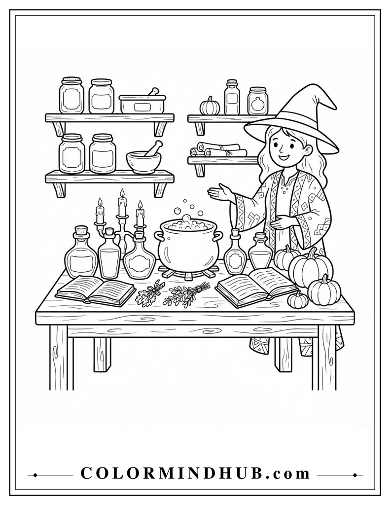 Halloween witch's apothecary with potion bottles, a cooking pot, shelves, and decorations coloring page