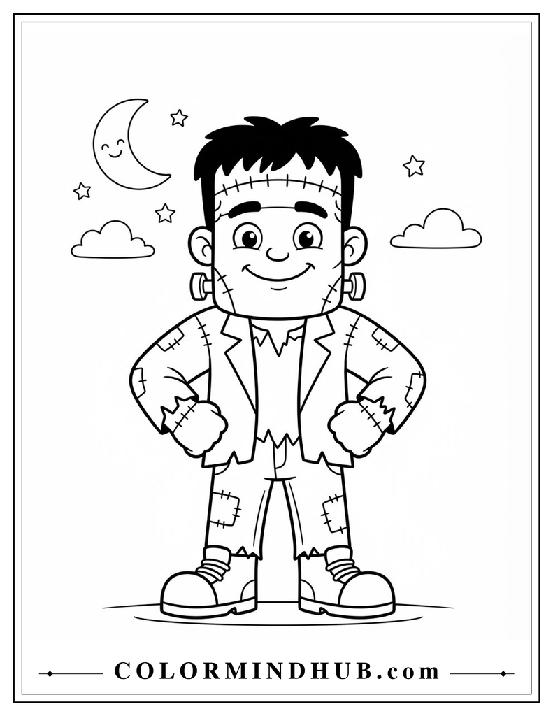 Frankenstein character standing with a friendly expression coloring page