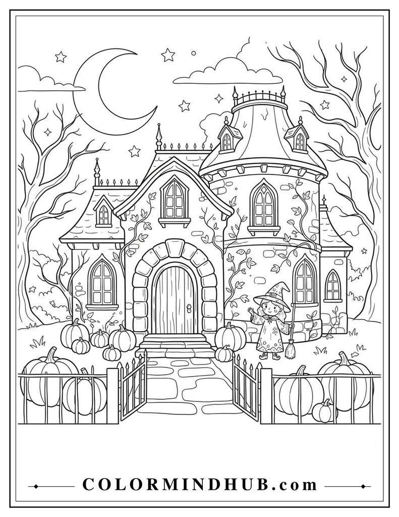 Gothic Halloween mansion with an arched entrance, pumpkins, and a friendly witch coloring page