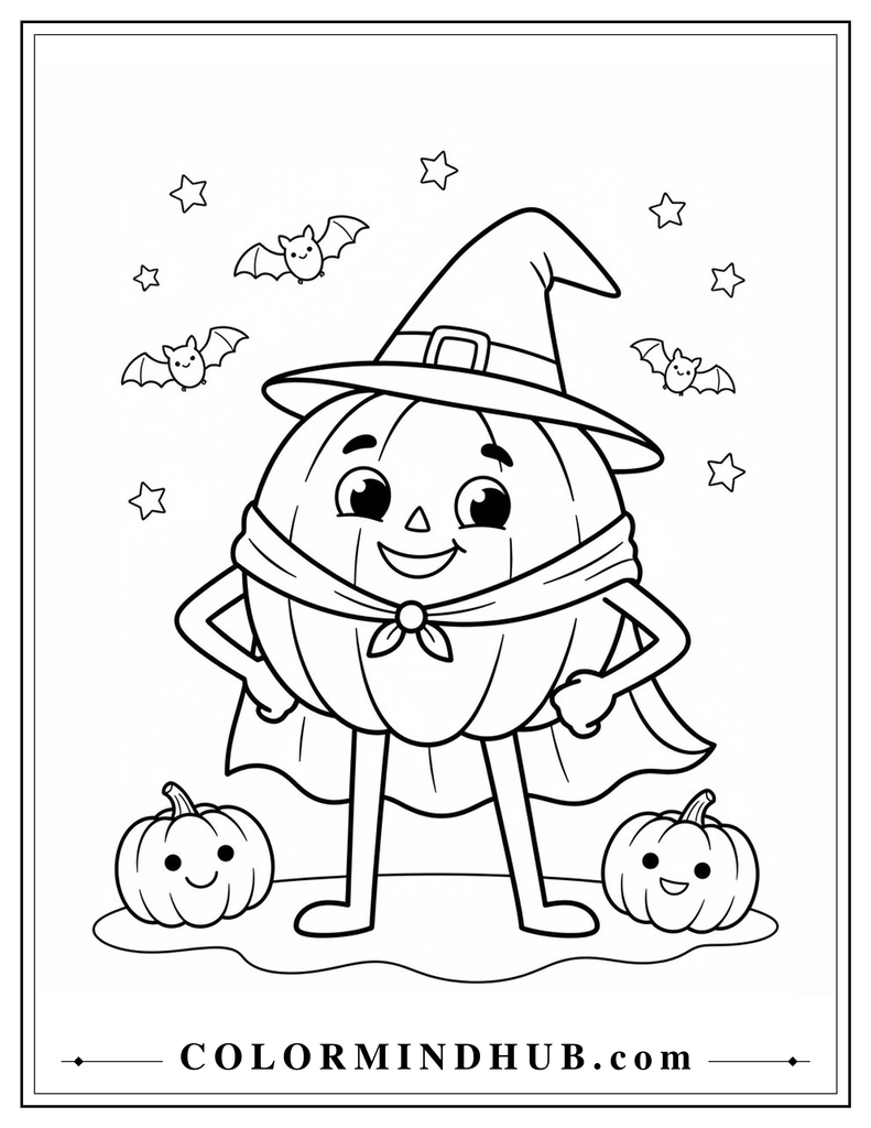Pumpkin character wearing a Halloween costume coloring page
