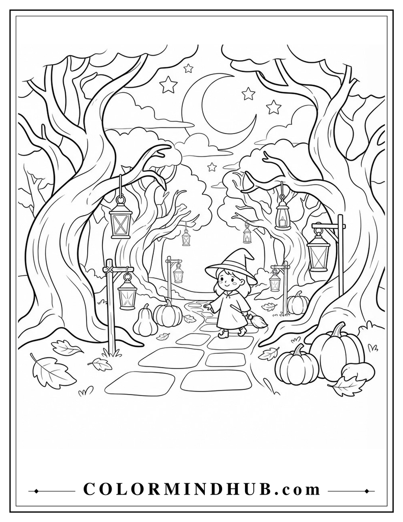 Halloween forest path with twisted trees, lanterns, pumpkins, and a friendly witch coloring page