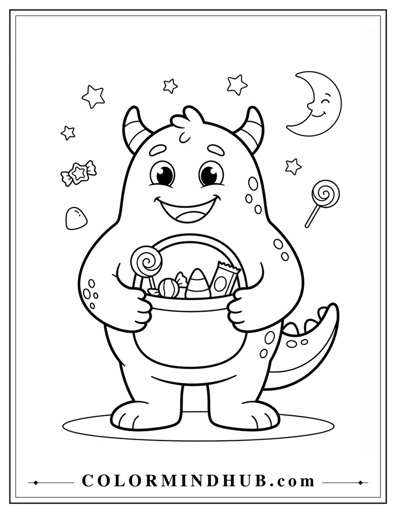 Halloween monster holding a basket of candy coloring page