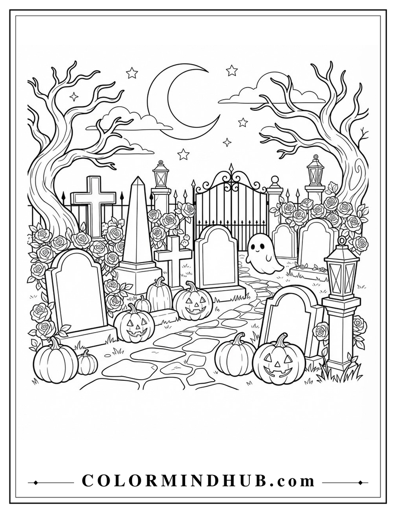 Halloween cemetery with tombstones, an iron gate, pumpkins, and a friendly ghost coloring page