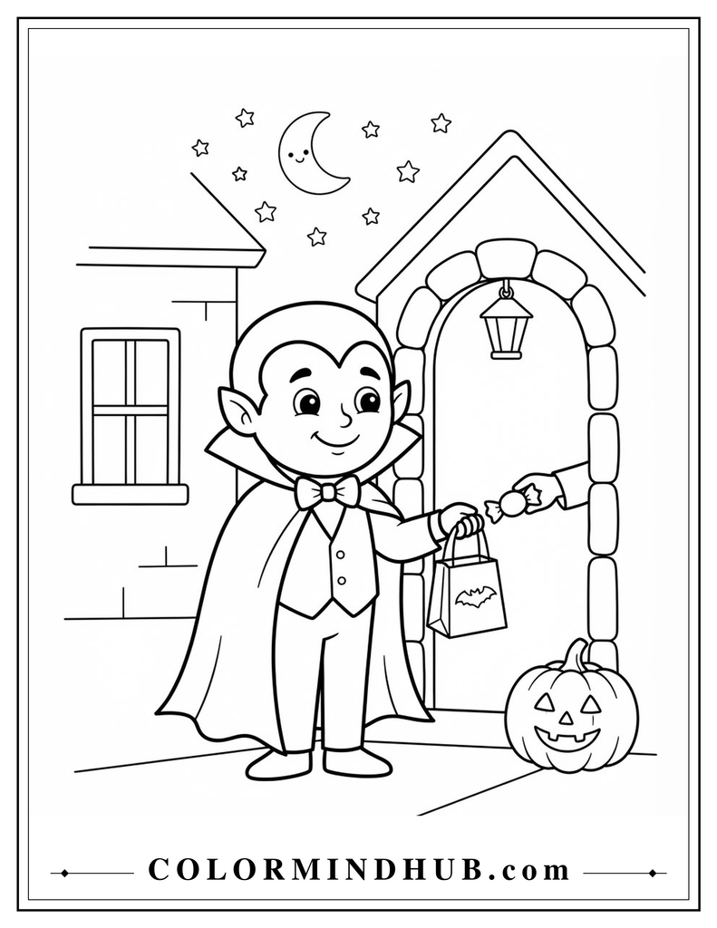 Halloween vampire visiting a house for treats coloring page