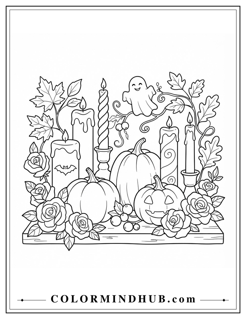 Halloween candle arrangement with pumpkins, roses, autumn leaves, and a ghost coloring page