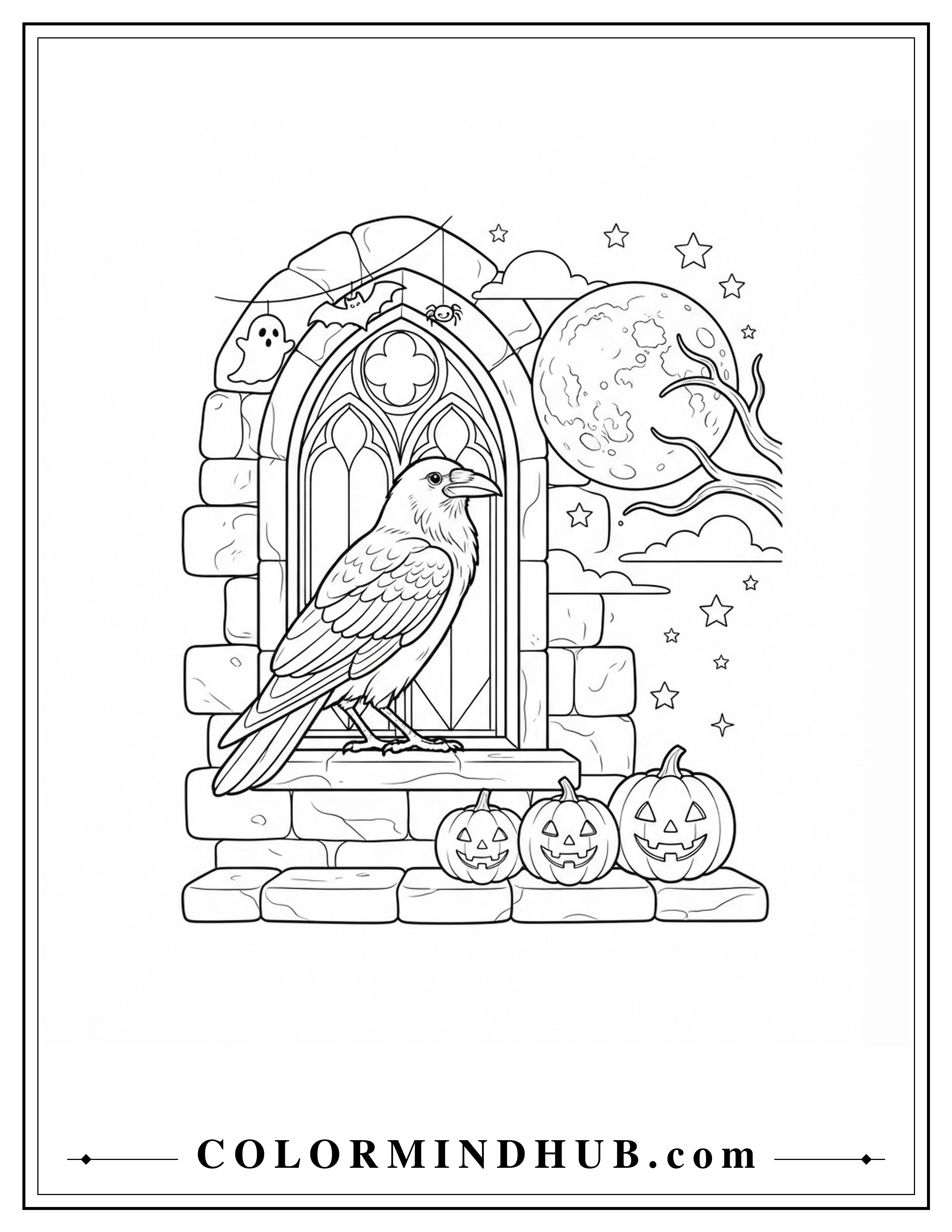 Raven perched on a gothic window with a full moon and pumpkins coloring page