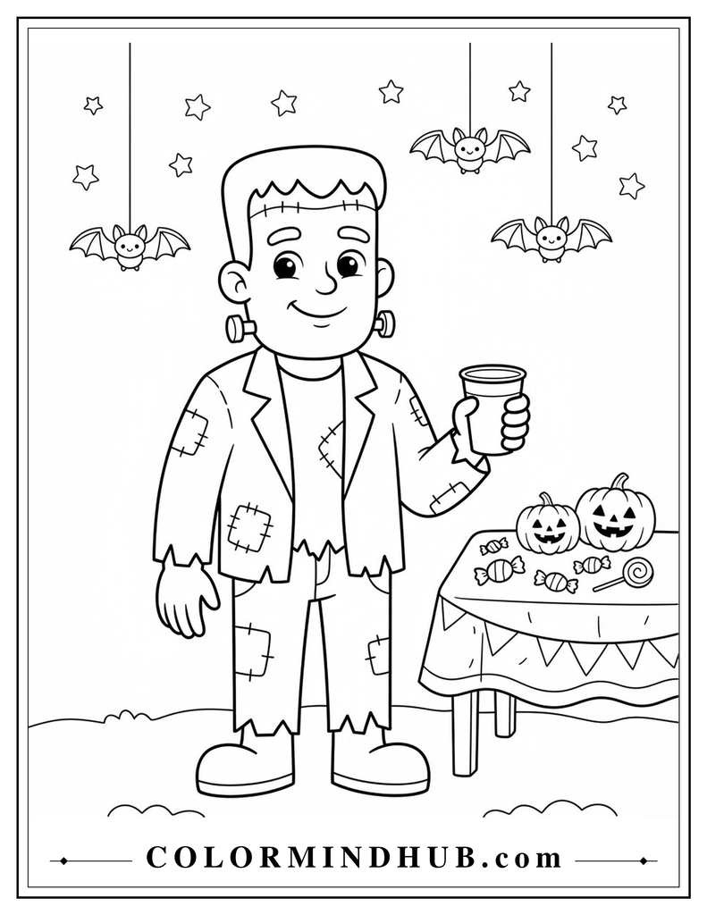 Frankenstein character celebrating at a Halloween party coloring page