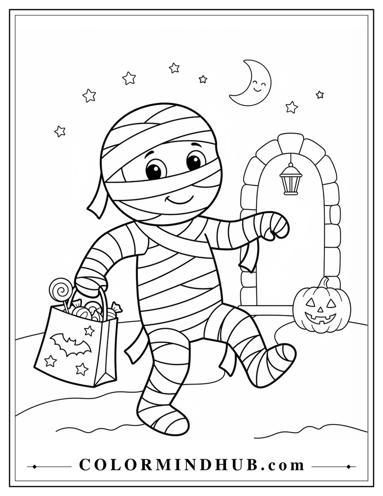 Halloween mummy carrying a large candy bag coloring page