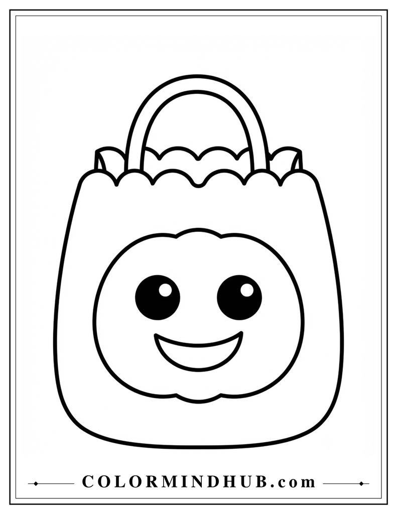 Easy Halloween treat bag coloring page for toddlers with a smiling pumpkin design