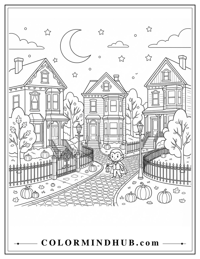 Haunted Victorian street with elegant houses, pumpkins, and a friendly vampire coloring page