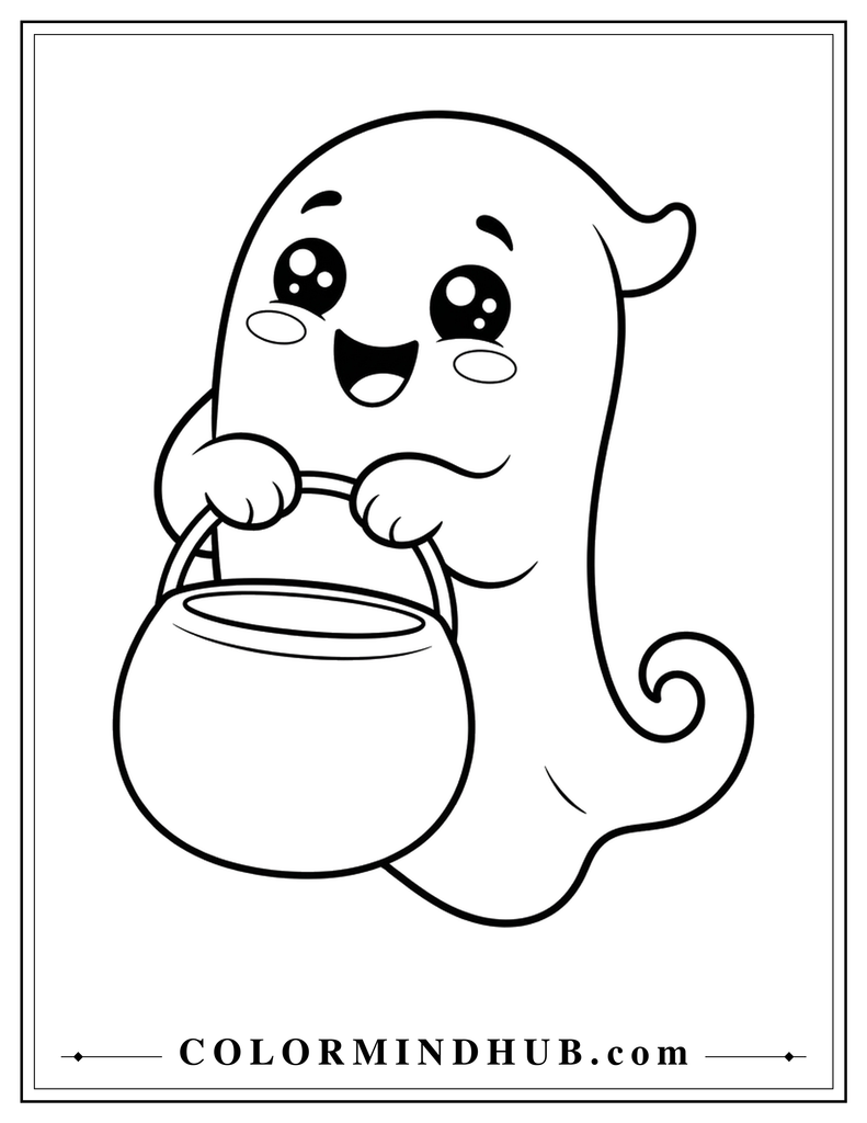 featuring a friendly ghost holding a Halloween treat bucket