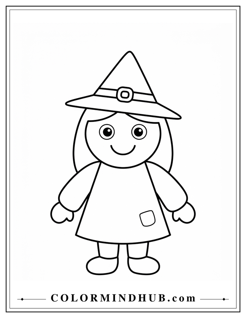 Easy Halloween witch coloring page for toddlers with a simple friendly character
