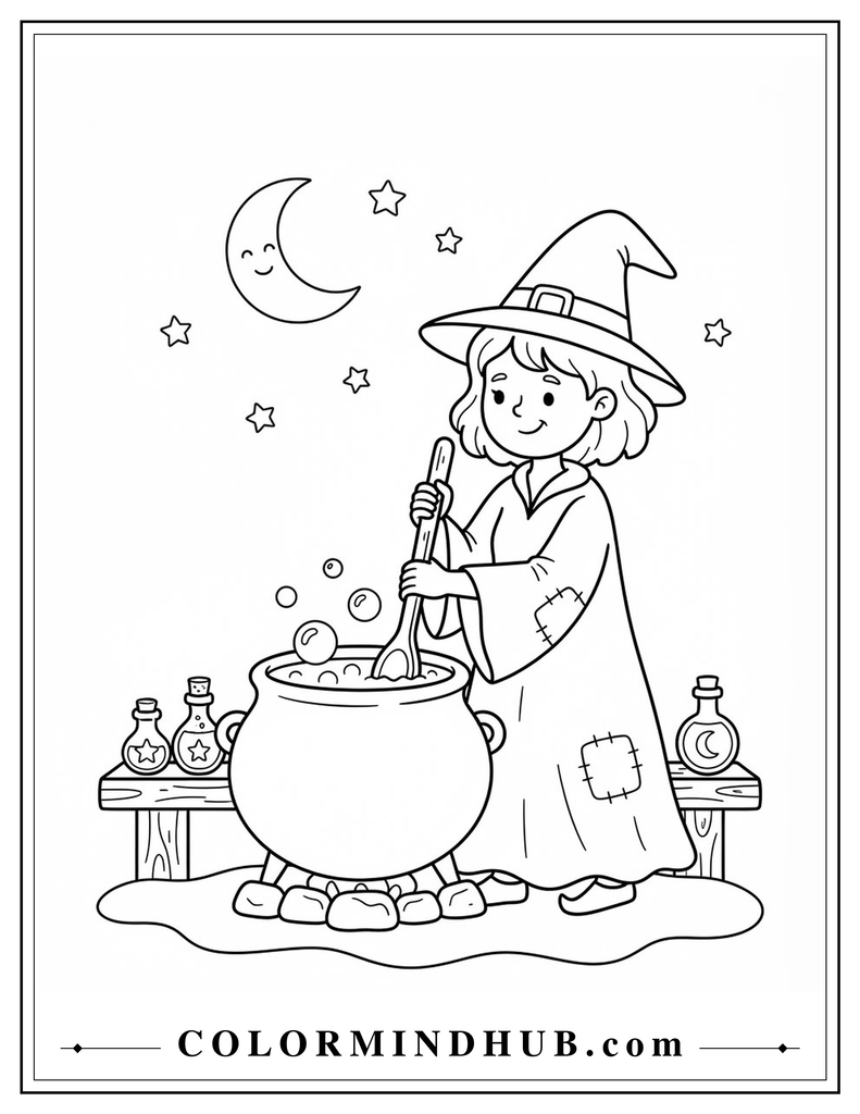 Halloween witch preparing a bubbling potion coloring page