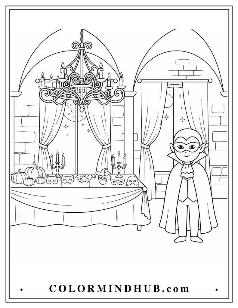 Halloween masquerade room with a chandelier, masks, pumpkins, and a friendly vampire coloring page