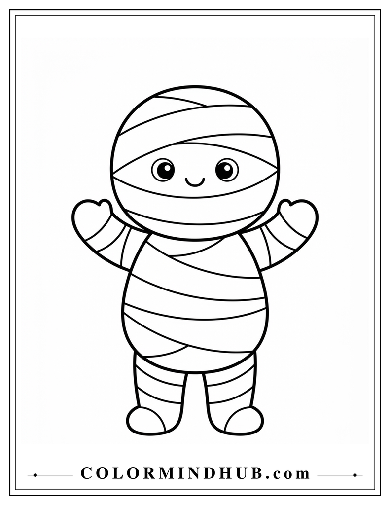 Easy Halloween mummy coloring page for toddlers with a simple wrapped character