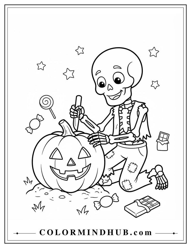Halloween skeleton decorating a pumpkin coloring page
