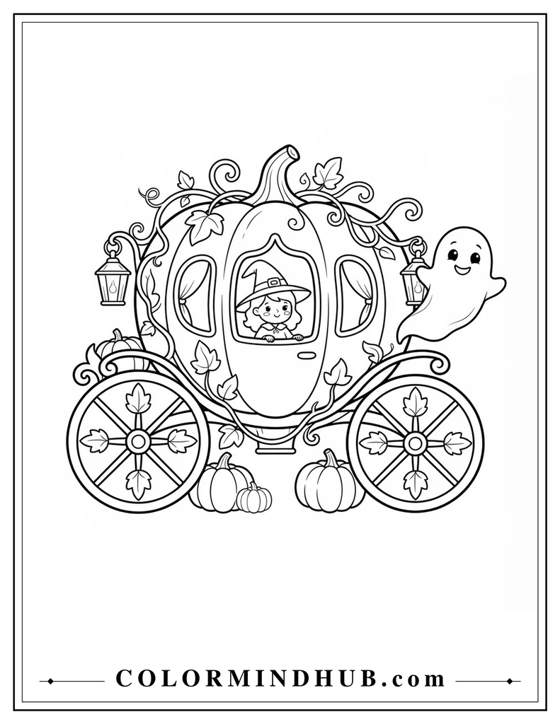 Halloween pumpkin carriage with a friendly ghost and a small witch inside coloring page