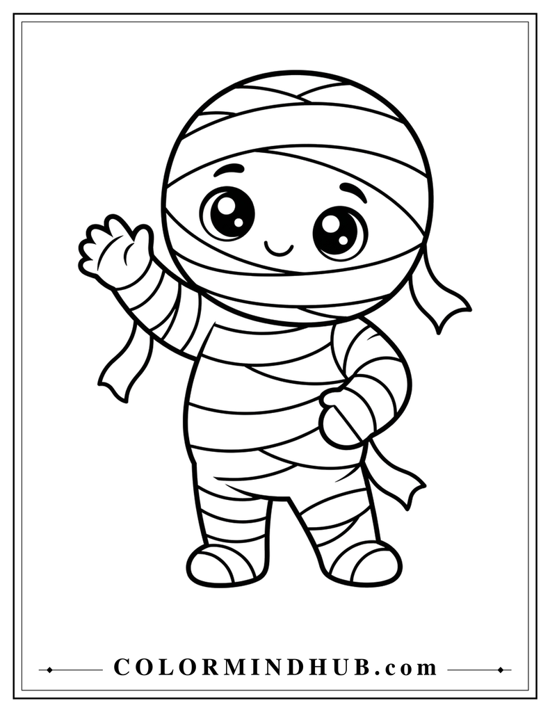 featuring a friendly mummy character waving