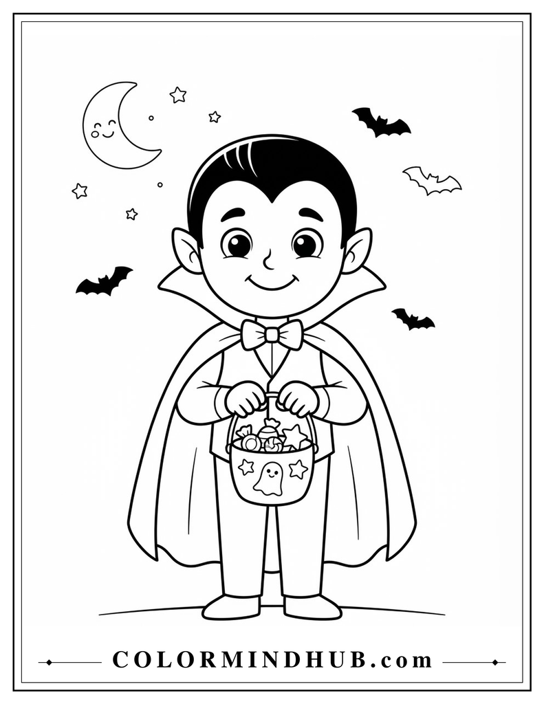 Halloween vampire wearing a cape and holding a candy bucket coloring page
