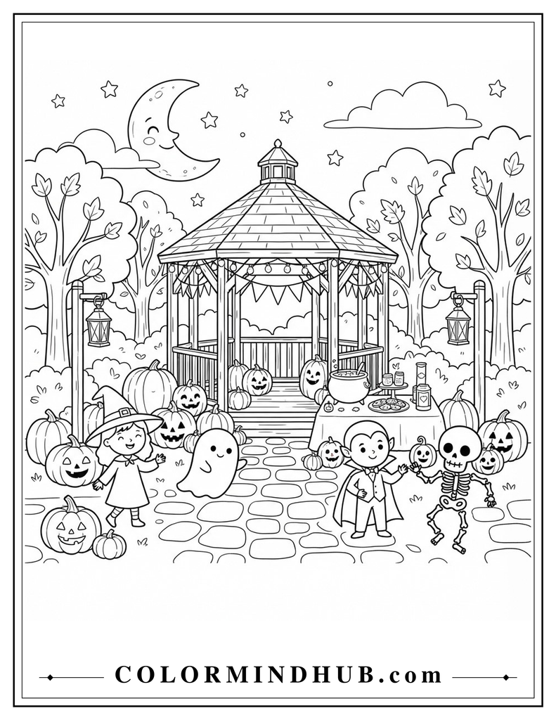 Halloween evening festival in a town square with a gazebo, pumpkins, and Halloween characters coloring page