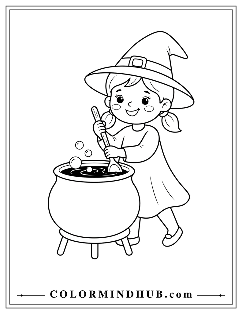 featuring a friendly witch stirring a Halloween cauldron