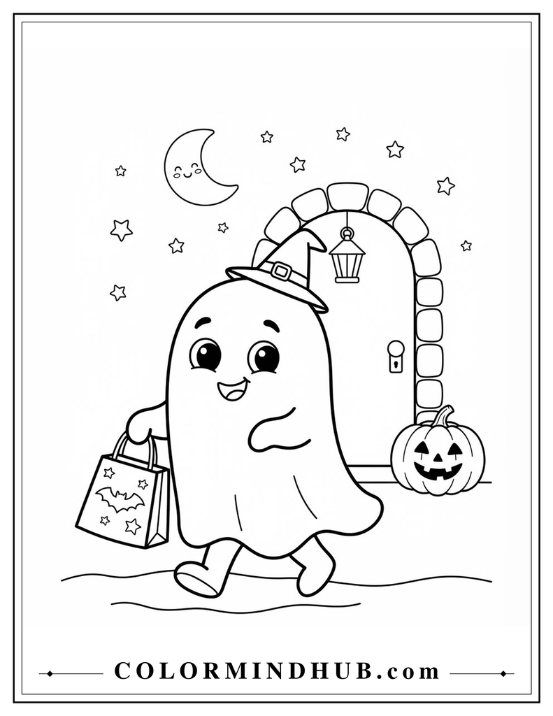 Friendly Halloween ghost holding a trick-or-treat bag coloring page