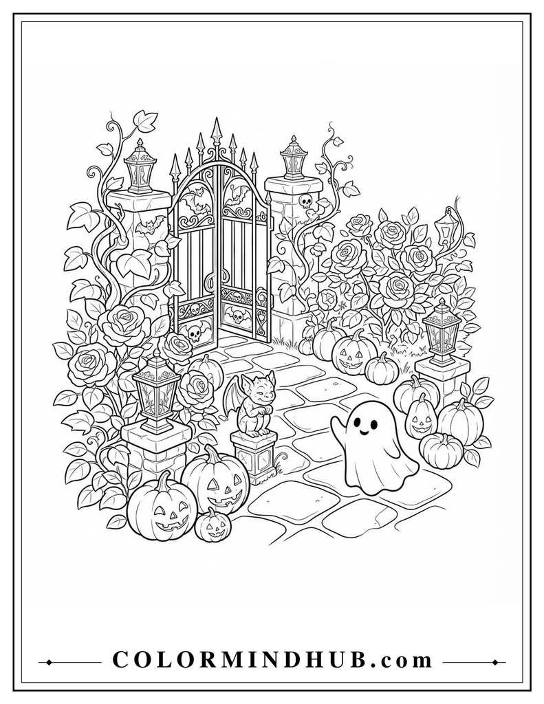 Gothic Halloween garden with a stone gate, roses, pumpkins, and a friendly ghost coloring page