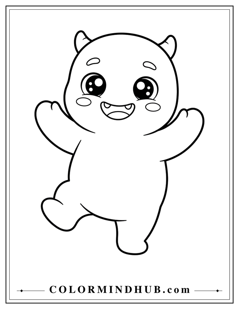 featuring a cheerful Halloween monster with raised arms