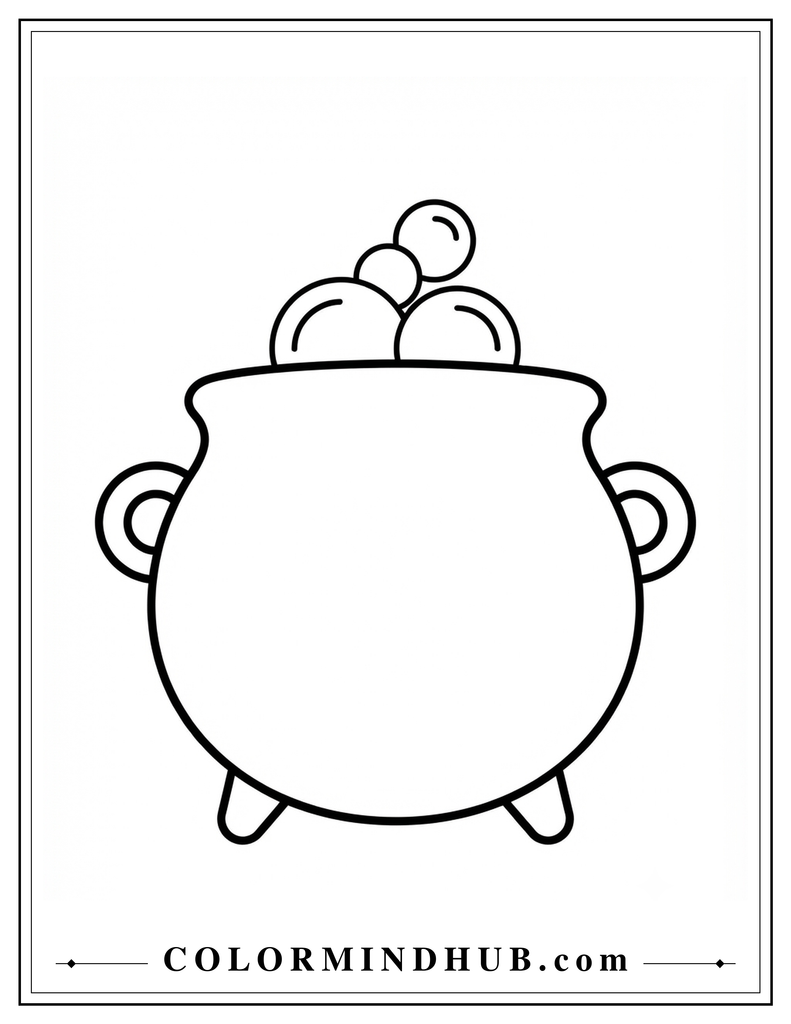 Easy Halloween cauldron coloring page for toddlers with bubbles rising from a large pot