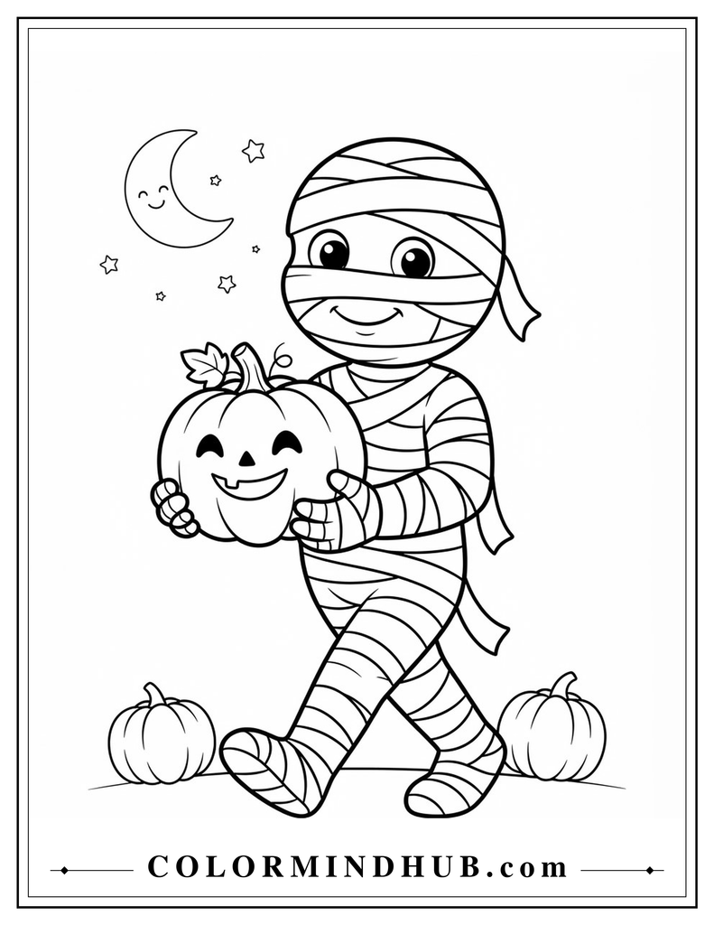 Halloween mummy walking while carrying a pumpkin coloring page