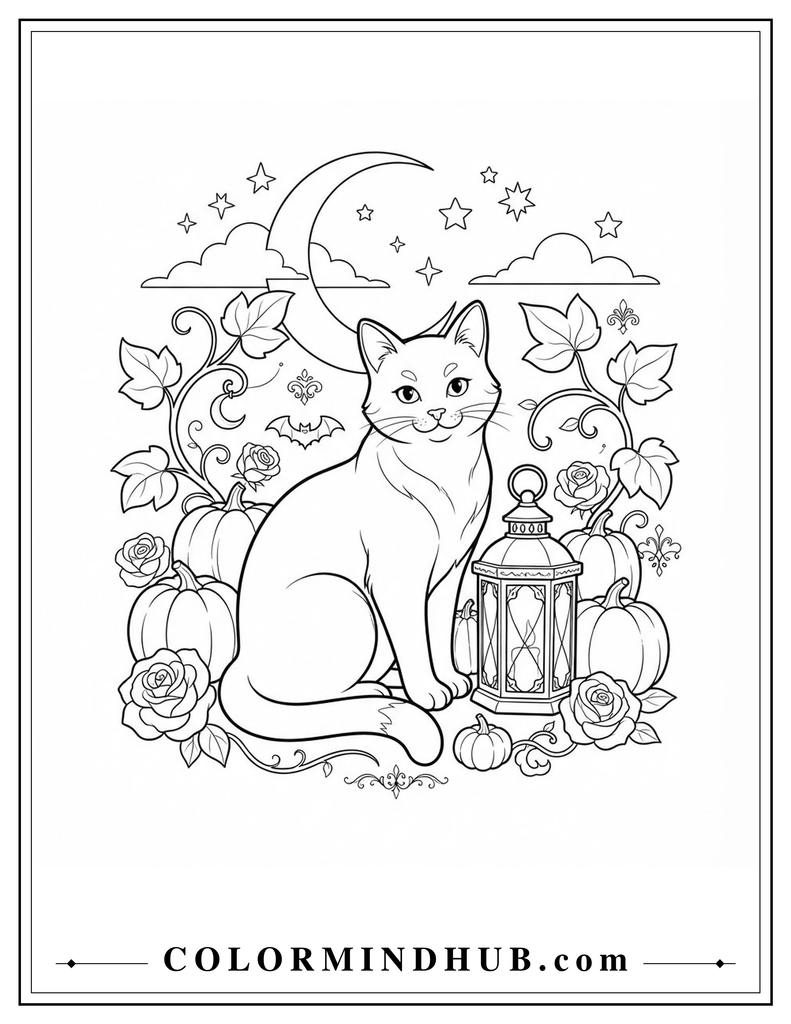 Halloween cat sitting beside a lantern, roses, and a crescent moon coloring page