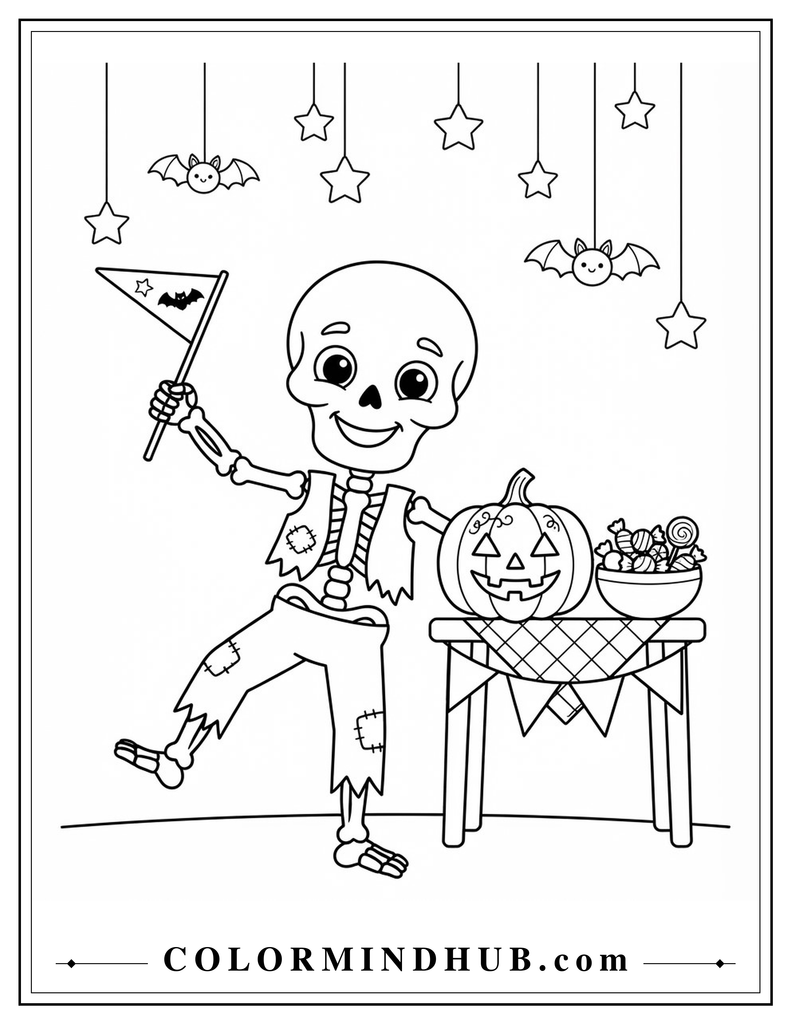 Halloween skeleton celebrating with Halloween decorations coloring page