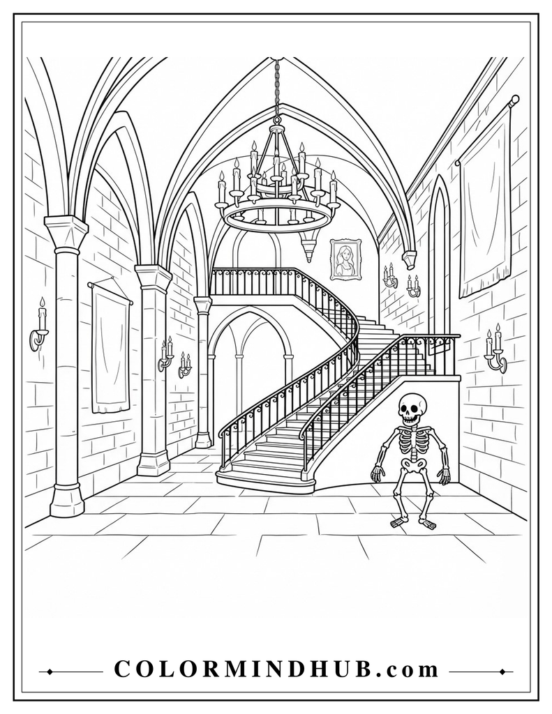 Haunted castle hall with tall arches, a grand staircase, chandelier, and friendly skeleton coloring page