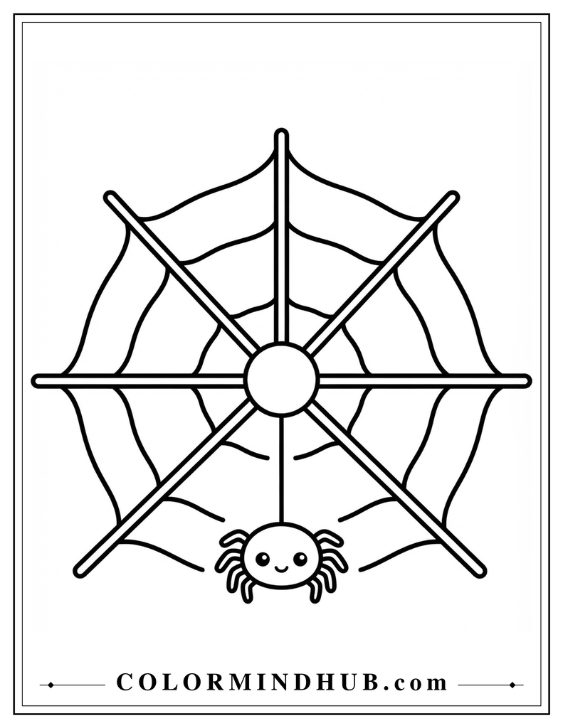 Easy Halloween spider web coloring page for toddlers with a simple web design