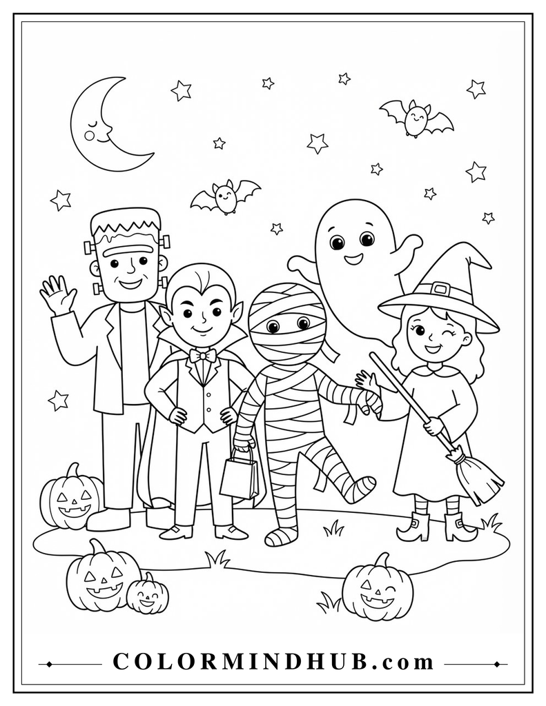 Halloween character coloring page collection featuring Frankenstein, vampire, mummy, skeleton, witch, ghost, and monster