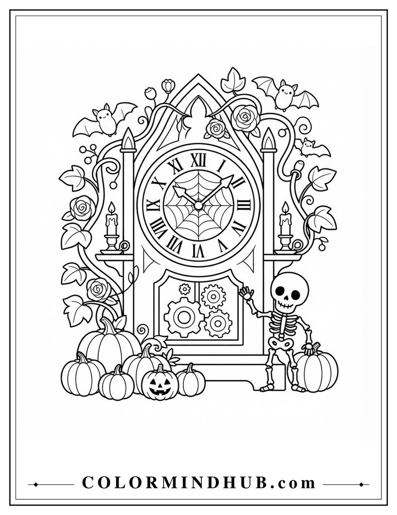 Antique Halloween clock with gears, candles, pumpkins, and a friendly skeleton coloring page