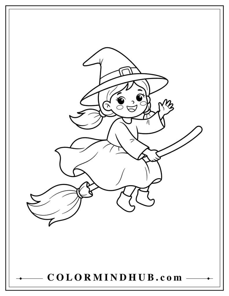 Cute Halloween coloring page featuring a friendly witch flying on a broom