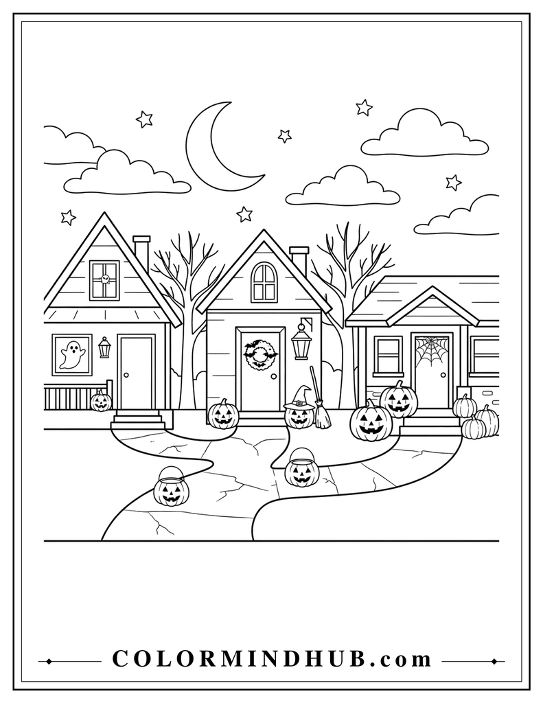 Printable black and white Halloween neighborhood at night with decorated houses, stars, and pumpkins