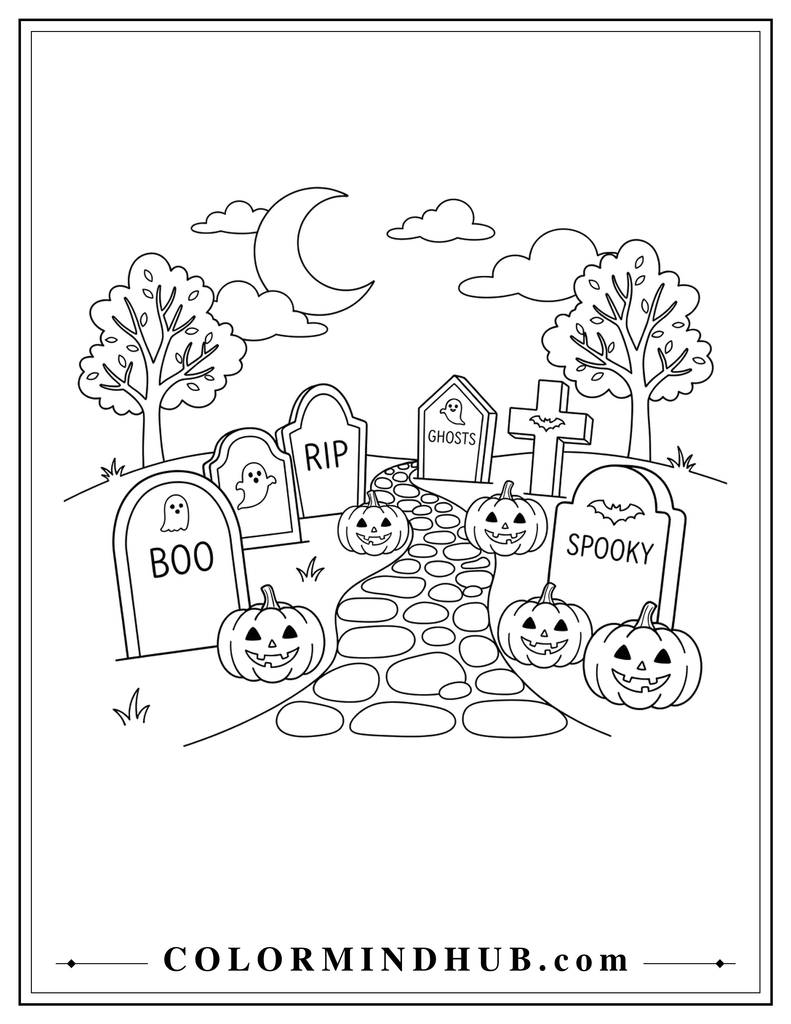 Printable Halloween graveyard with large tombstones, pumpkins, and a winding path