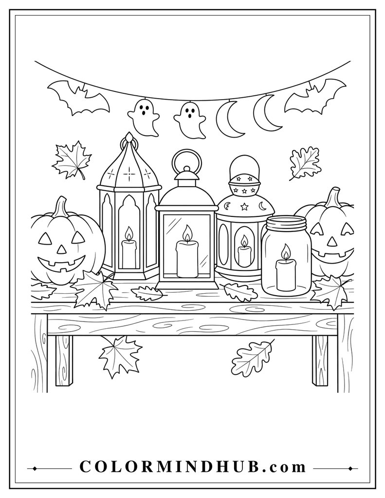 Black and white Halloween lantern display with candles, pumpkins, and decorative lanterns on a wooden table