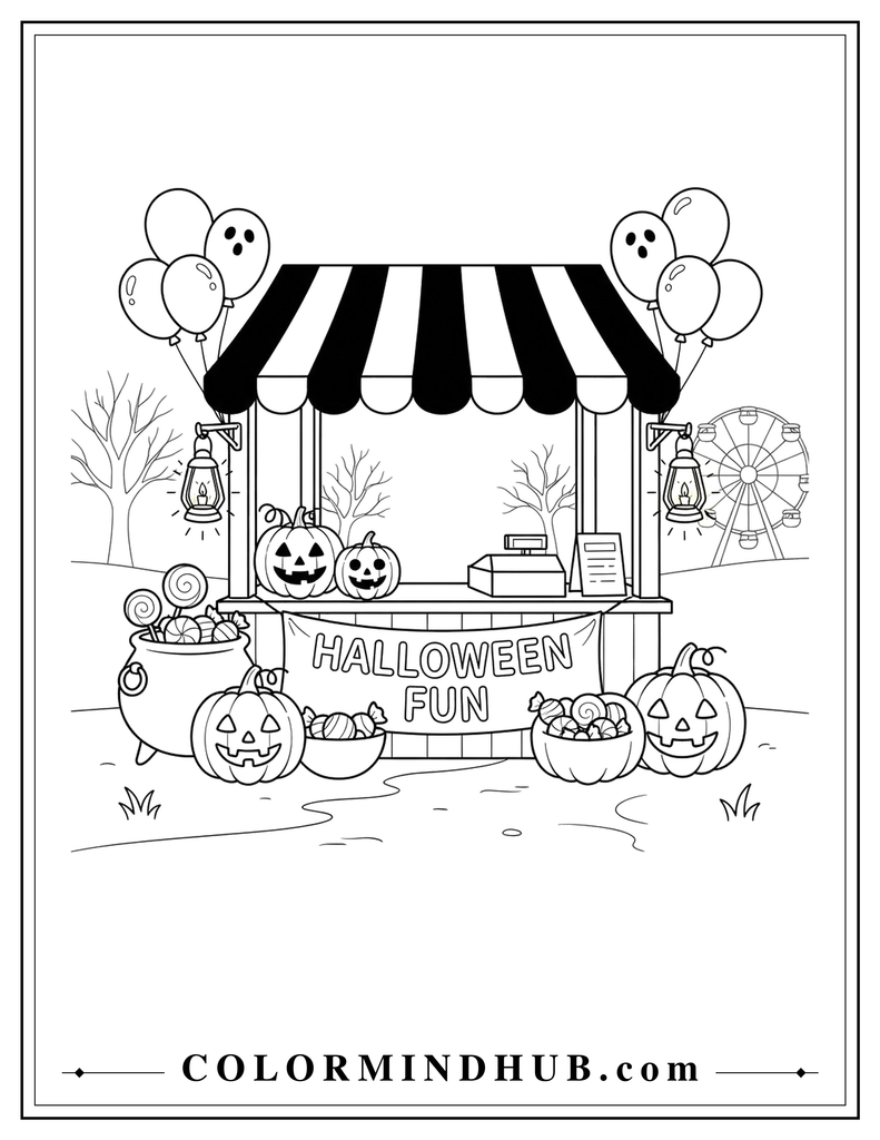 Simple Halloween carnival booth with a striped canopy, balloons, pumpkins, and treats