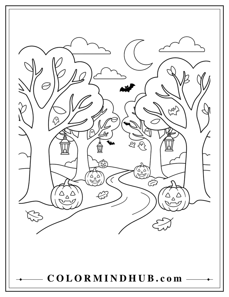 Black and white Halloween forest path with large trees, lanterns, pumpkins, and a crescent moon