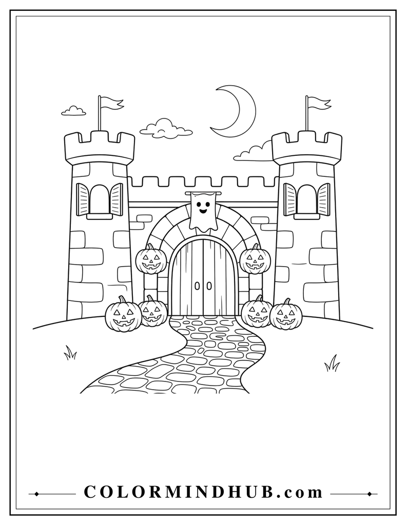 Simple black and white Halloween castle entrance with stone towers, an arched gate, and pumpkins