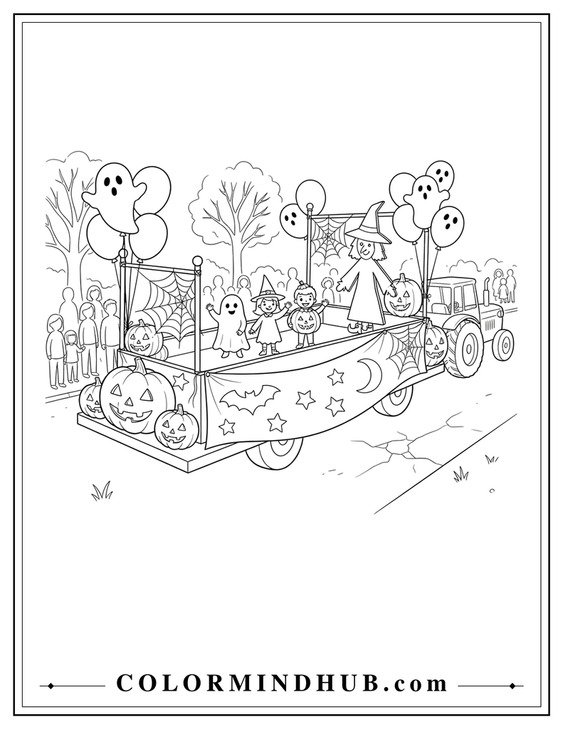 Printable black and white Halloween parade float decorated with pumpkins and friendly ghosts